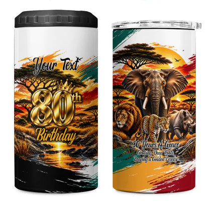 Personalized 80th Birthday African Safari 4 in 1 Can Cooler Tumbler Sunset Savanna Landscape Heritage Wildlife Art