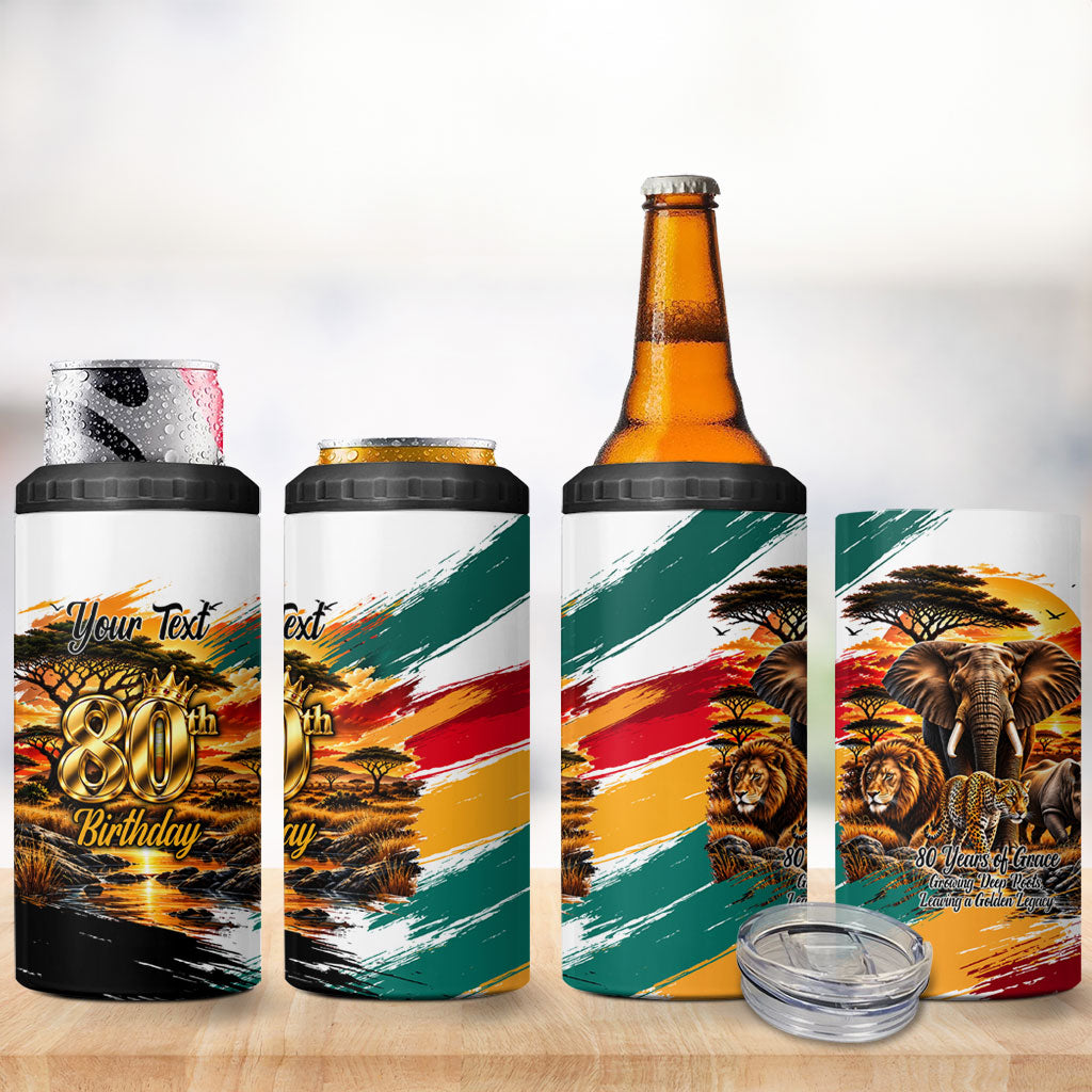 Personalized 80th Birthday African Safari 4 in 1 Can Cooler Tumbler Sunset Savanna Landscape Heritage Wildlife Art