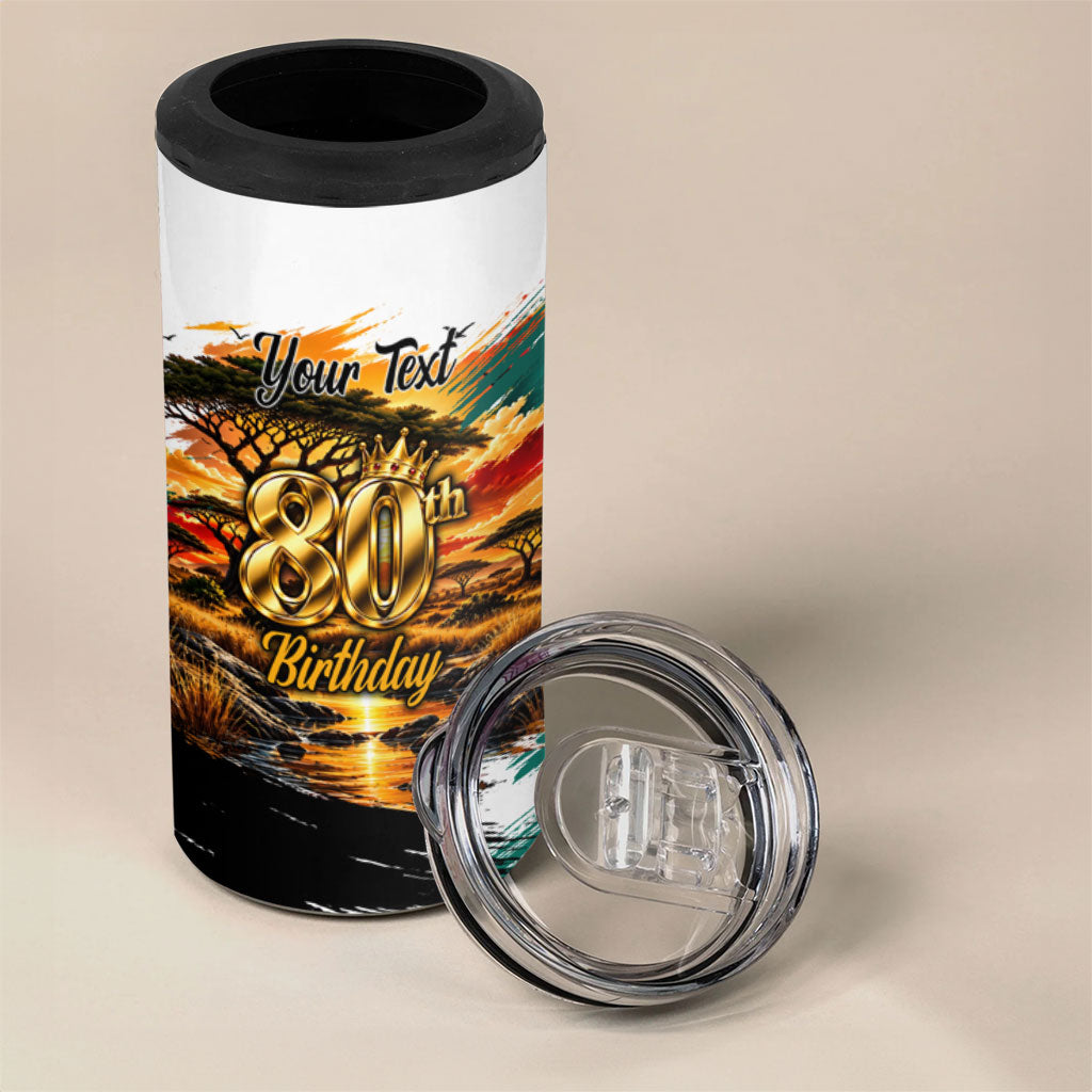 Personalized 80th Birthday African Safari 4 in 1 Can Cooler Tumbler Sunset Savanna Landscape Heritage Wildlife Art