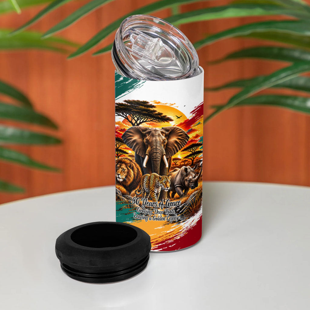 Personalized 80th Birthday African Safari 4 in 1 Can Cooler Tumbler Sunset Savanna Landscape Heritage Wildlife Art