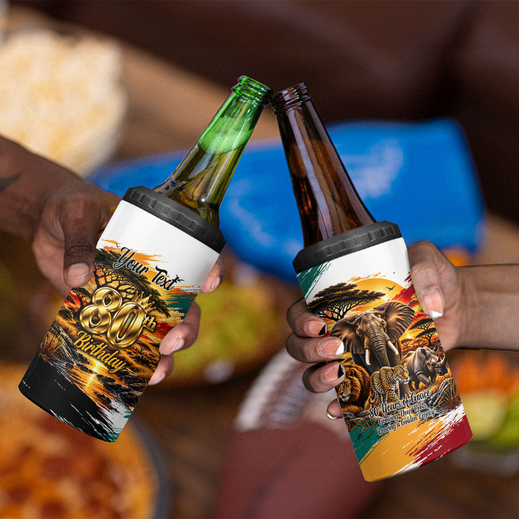 Personalized 80th Birthday African Safari 4 in 1 Can Cooler Tumbler Sunset Savanna Landscape Heritage Wildlife Art