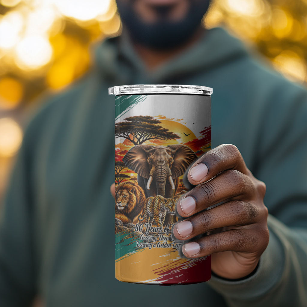 Personalized 80th Birthday African Safari 4 in 1 Can Cooler Tumbler Sunset Savanna Landscape Heritage Wildlife Art