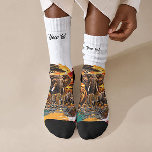 Personalized 80th Birthday African Safari Crew Socks Sunset Savanna Landscape Heritage Wildlife Art