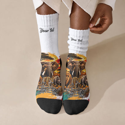 Personalized 80th Birthday African Safari Crew Socks Sunset Savanna Landscape Heritage Wildlife Art