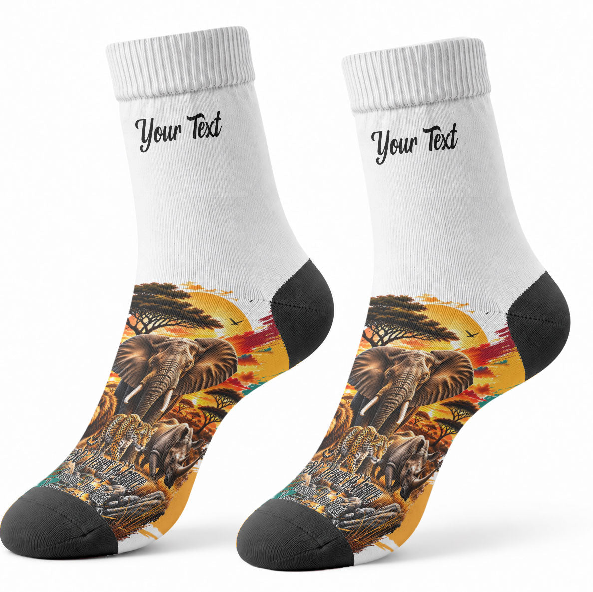 Personalized 80th Birthday African Safari Crew Socks Sunset Savanna Landscape Heritage Wildlife Art