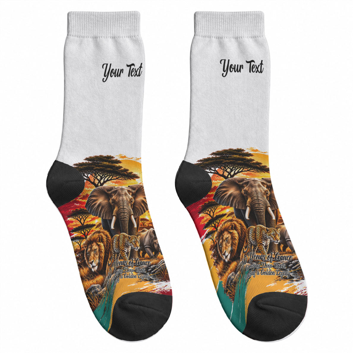 Personalized 80th Birthday African Safari Crew Socks Sunset Savanna Landscape Heritage Wildlife Art