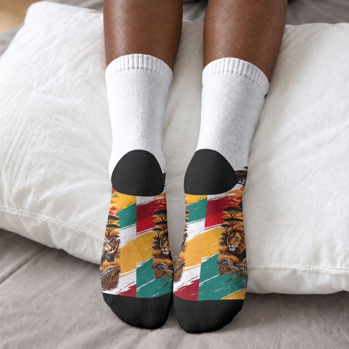 Personalized 80th Birthday African Safari Crew Socks Sunset Savanna Landscape Heritage Wildlife Art