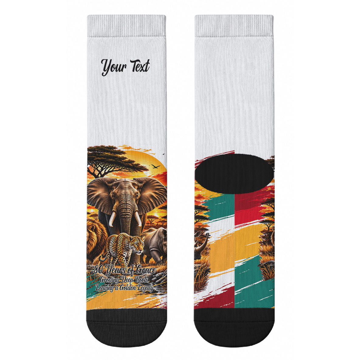 Personalized 80th Birthday African Safari Crew Socks Sunset Savanna Landscape Heritage Wildlife Art