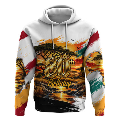 Personalized 80th Birthday African Safari Hoodie Sunset Savanna Landscape Heritage Wildlife Art