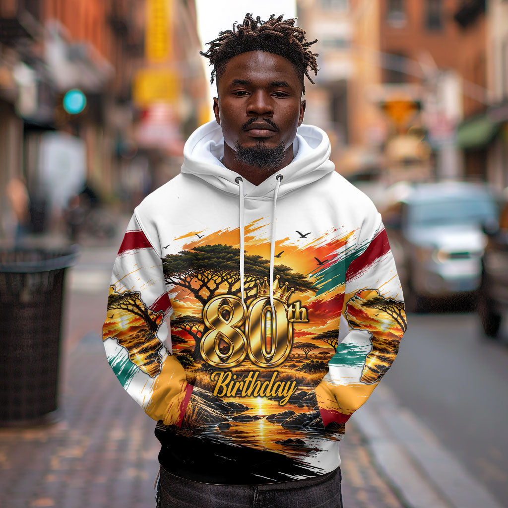 Personalized 80th Birthday African Safari Hoodie Sunset Savanna Landscape Heritage Wildlife Art