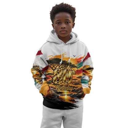 Personalized 80th Birthday African Safari Kid Hoodie Sunset Savanna Landscape Heritage Wildlife Art