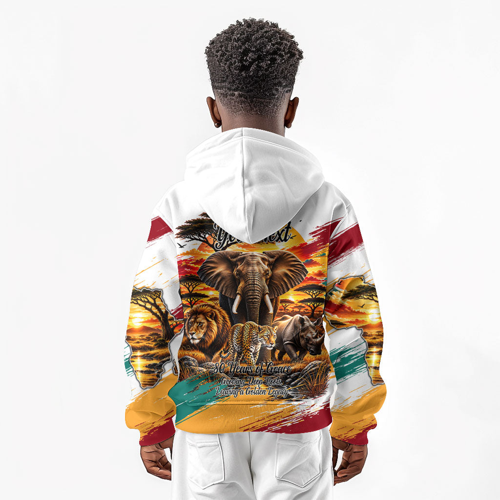 Personalized 80th Birthday African Safari Kid Hoodie Sunset Savanna Landscape Heritage Wildlife Art