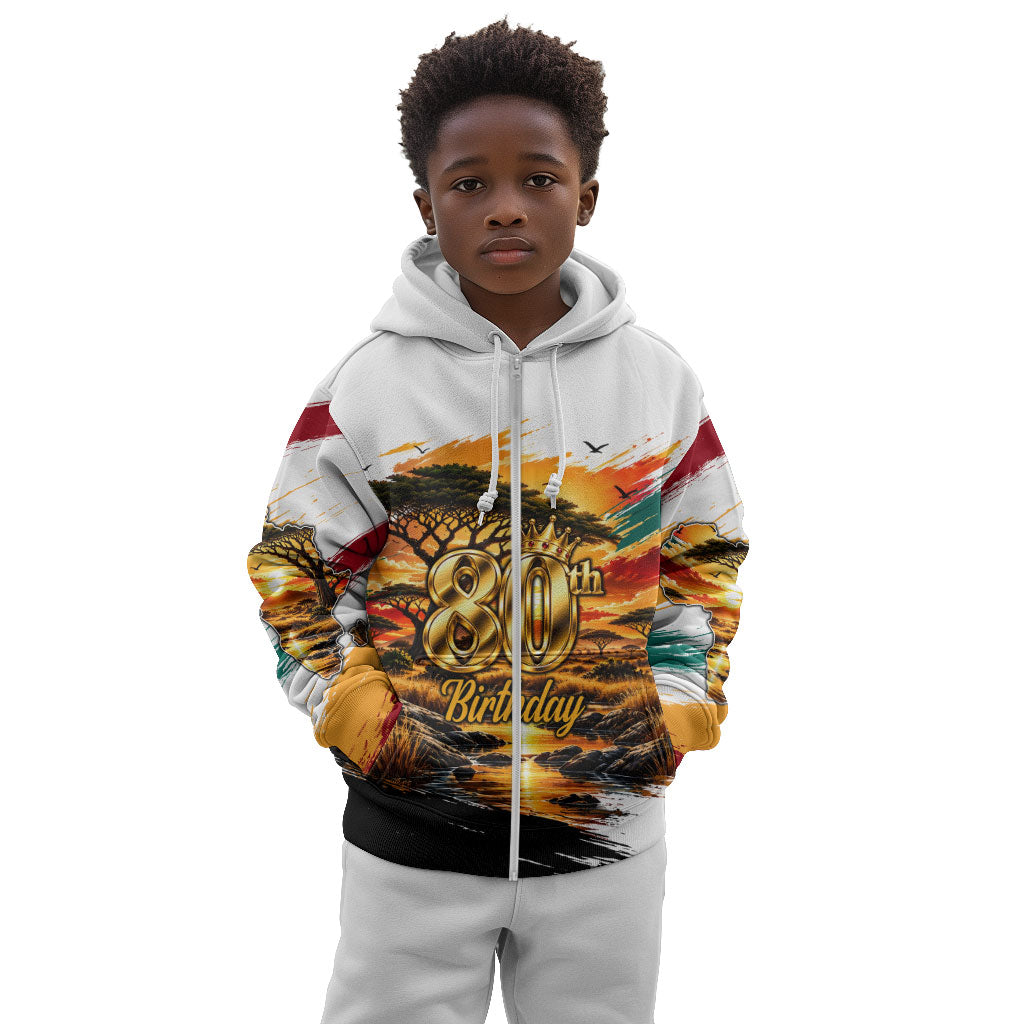 Personalized 80th Birthday African Safari Kid Hoodie Sunset Savanna Landscape Heritage Wildlife Art