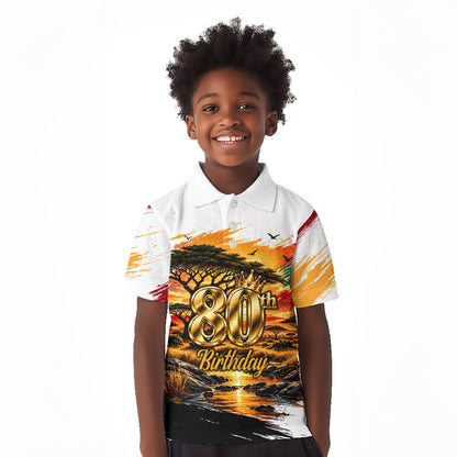 Personalized 80th Birthday African Safari Kid Polo Shirt Sunset Savanna Landscape Heritage Wildlife Art