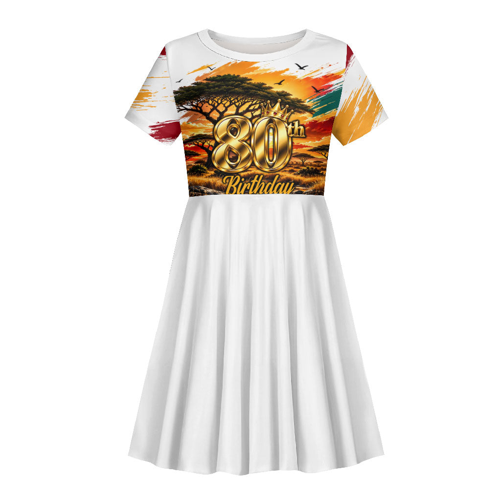 Personalized 80th Birthday African Safari Kid Short Sleeve Dress Sunset Savanna Landscape Heritage Wildlife Art