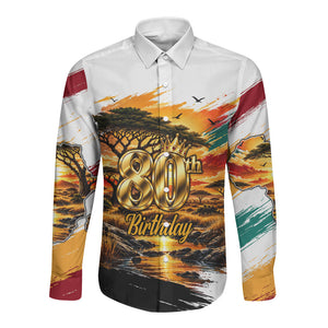 Personalized 80th Birthday African Safari Long Sleeve Button Shirt Sunset Savanna Landscape Heritage Wildlife Art