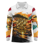 Personalized 80th Birthday African Safari Long Sleeve Polo Shirt Sunset Savanna Landscape Heritage Wildlife Art