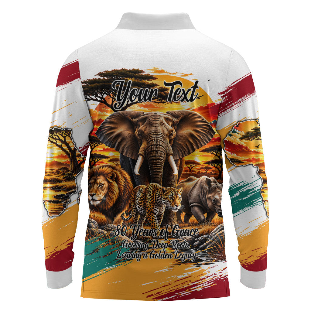 Personalized 80th Birthday African Safari Long Sleeve Polo Shirt Sunset Savanna Landscape Heritage Wildlife Art