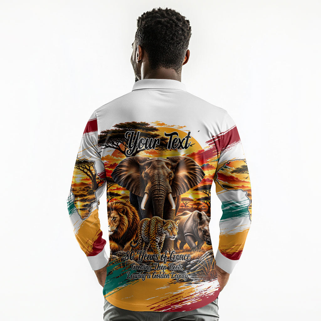 Personalized 80th Birthday African Safari Long Sleeve Polo Shirt Sunset Savanna Landscape Heritage Wildlife Art