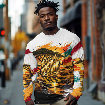 Personalized 80th Birthday African Safari Long Sleeve Shirt Sunset Savanna Landscape Heritage Wildlife Art