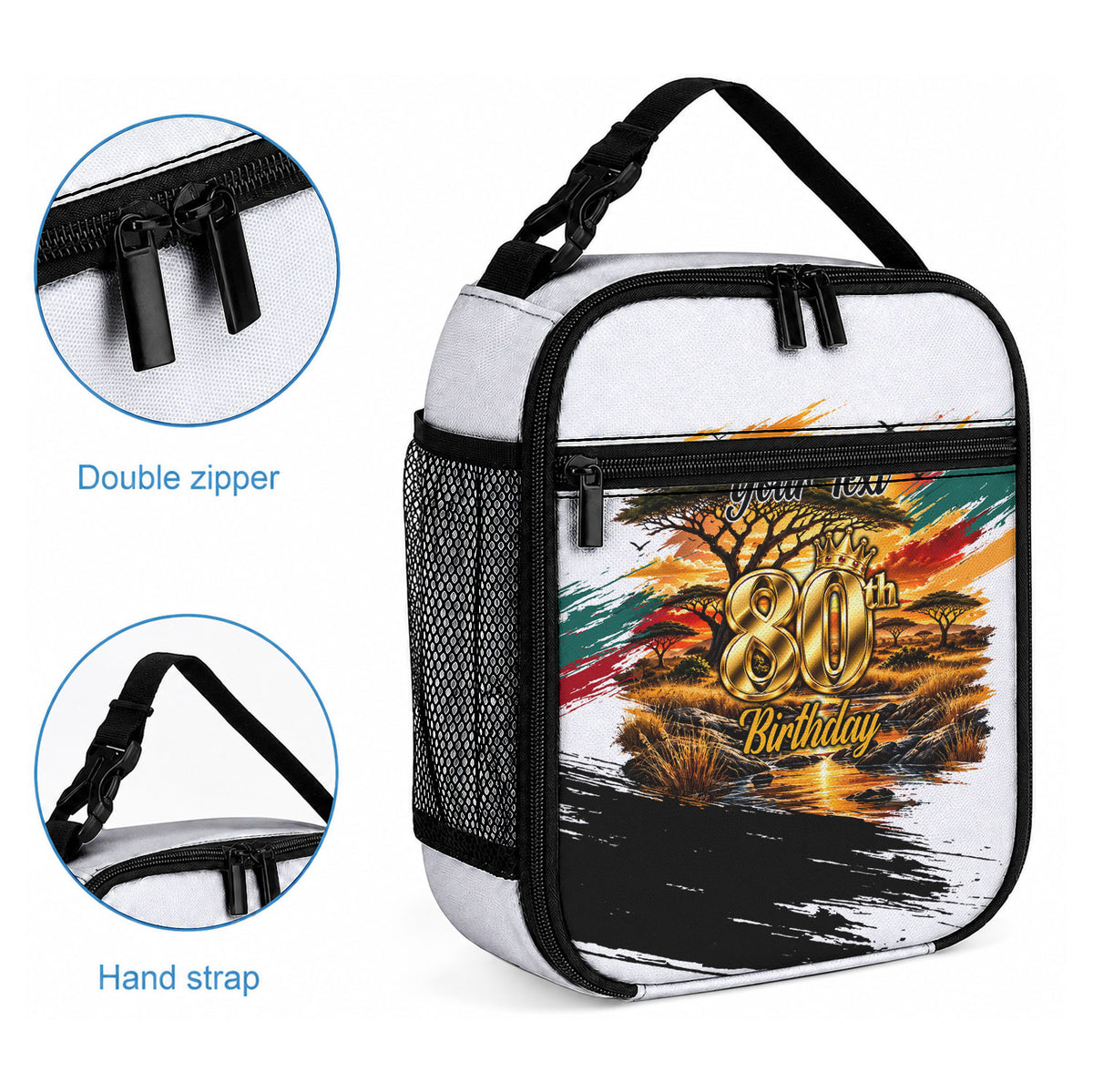 Personalized 80th Birthday African Safari Lunch Bag Sunset Savanna Landscape Heritage Wildlife Art