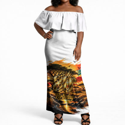 Personalized 80th Birthday African Safari Off Shoulder Maxi Dress Sunset Savanna Landscape Heritage Wildlife Art