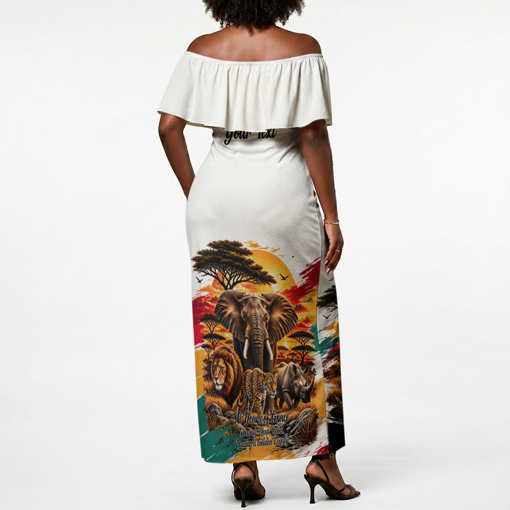 Personalized 80th Birthday African Safari Off Shoulder Maxi Dress Sunset Savanna Landscape Heritage Wildlife Art