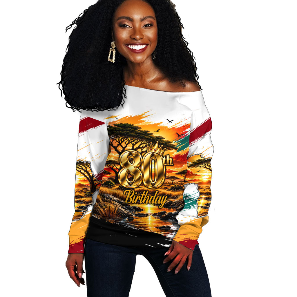 Personalized 80th Birthday African Safari Off Shoulder Sweater Sunset Savanna Landscape Heritage Wildlife Art