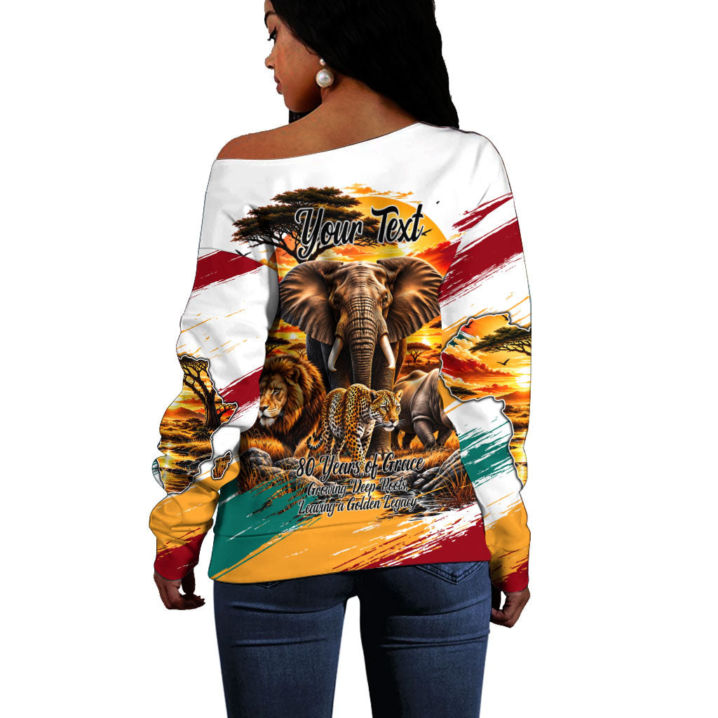 Personalized 80th Birthday African Safari Off Shoulder Sweater Sunset Savanna Landscape Heritage Wildlife Art