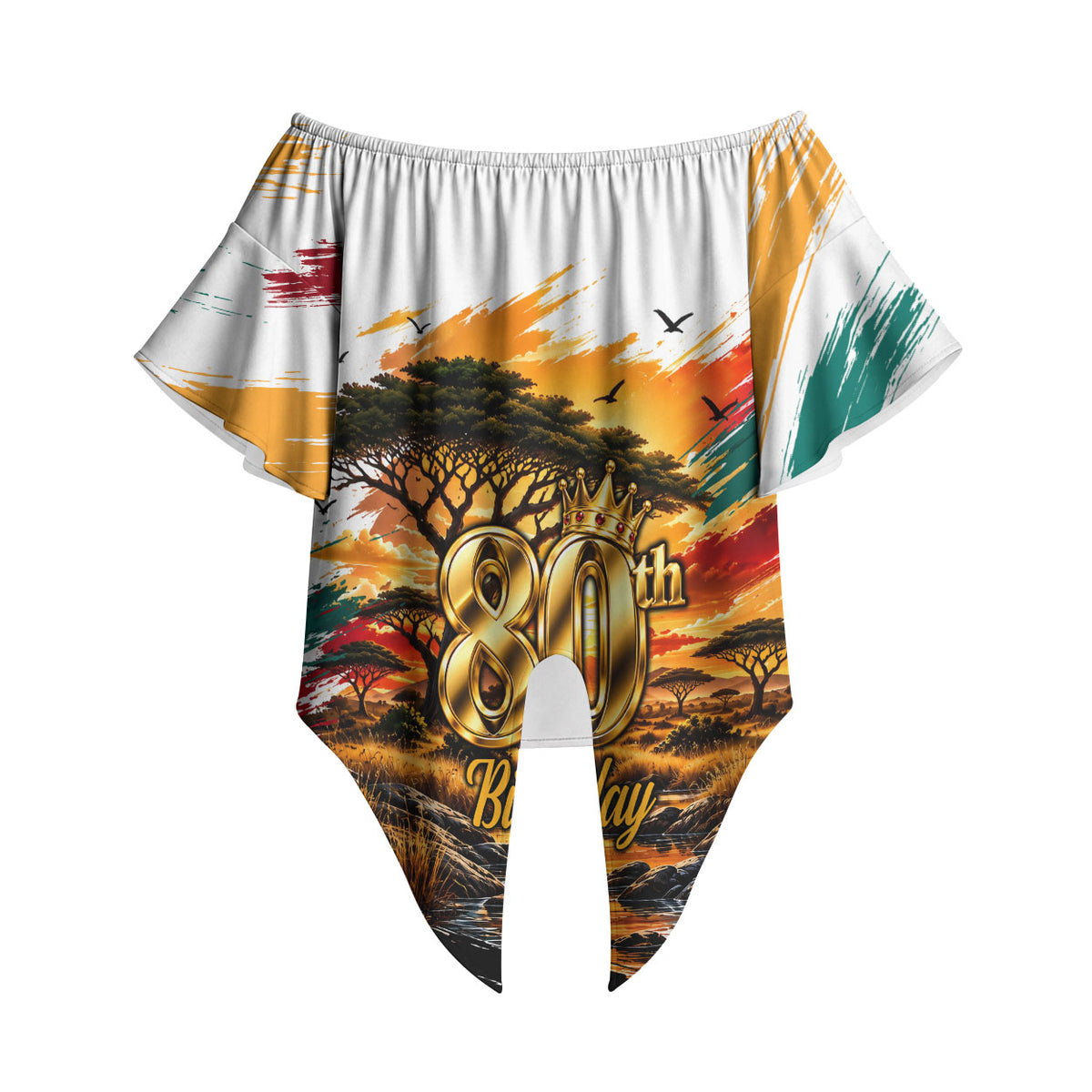 Personalized 80th Birthday African Safari Off Shoulder Wrap Waist Top Sunset Savanna Landscape Heritage Wildlife Art
