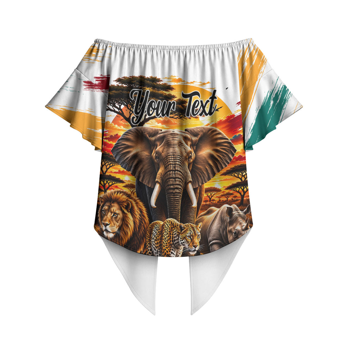 Personalized 80th Birthday African Safari Off Shoulder Wrap Waist Top Sunset Savanna Landscape Heritage Wildlife Art