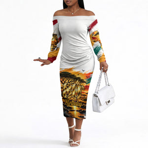 Personalized 80th Birthday African Safari Off The Shoulder Long Sleeve Dress Sunset Savanna Landscape Heritage Wildlife Art