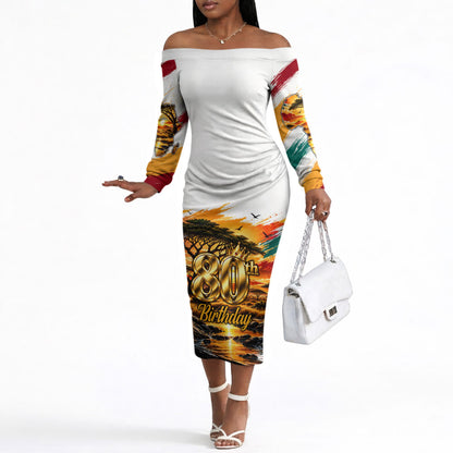 Personalized 80th Birthday African Safari Off The Shoulder Long Sleeve Dress Sunset Savanna Landscape Heritage Wildlife Art