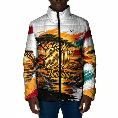 Personalized 80th Birthday African Safari Padded Jacket Sunset Savanna Landscape Heritage Wildlife Art