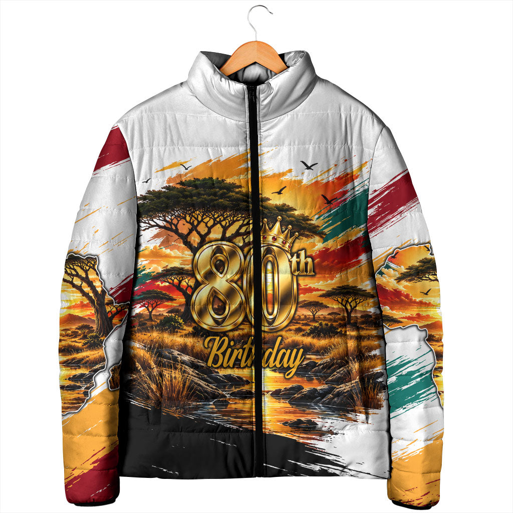 Personalized 80th Birthday African Safari Padded Jacket Sunset Savanna Landscape Heritage Wildlife Art