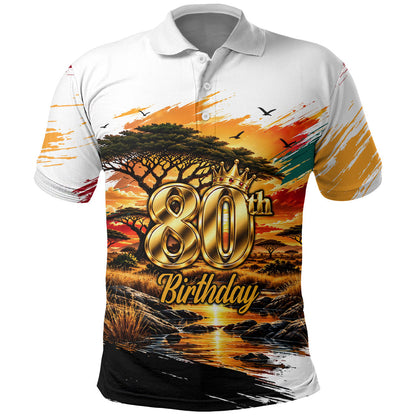 Personalized 80th Birthday African Safari Polo Shirt Sunset Savanna Landscape Heritage Wildlife Art