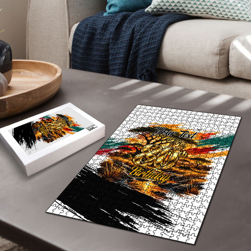 Personalized 80th Birthday African Safari Puzzle Sunset Savanna Landscape Heritage Wildlife Art