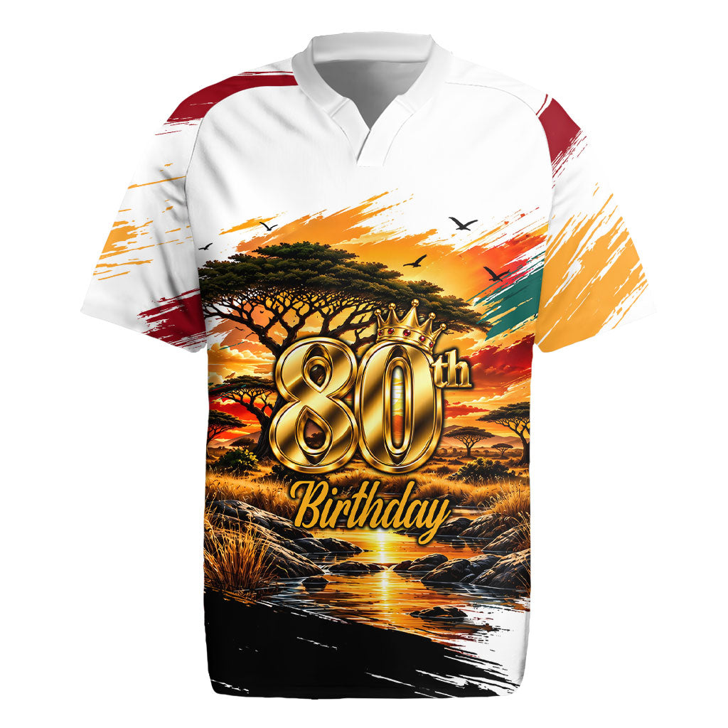 Personalized 80th Birthday African Safari Rugby Jersey Sunset Savanna Landscape Heritage Wildlife Art