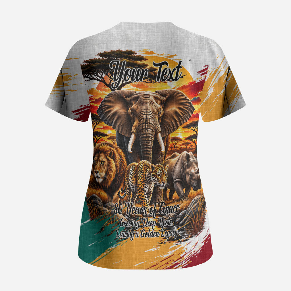 Personalized 80th Birthday African Safari Scrub Top Sunset Savanna Landscape Heritage Wildlife Art