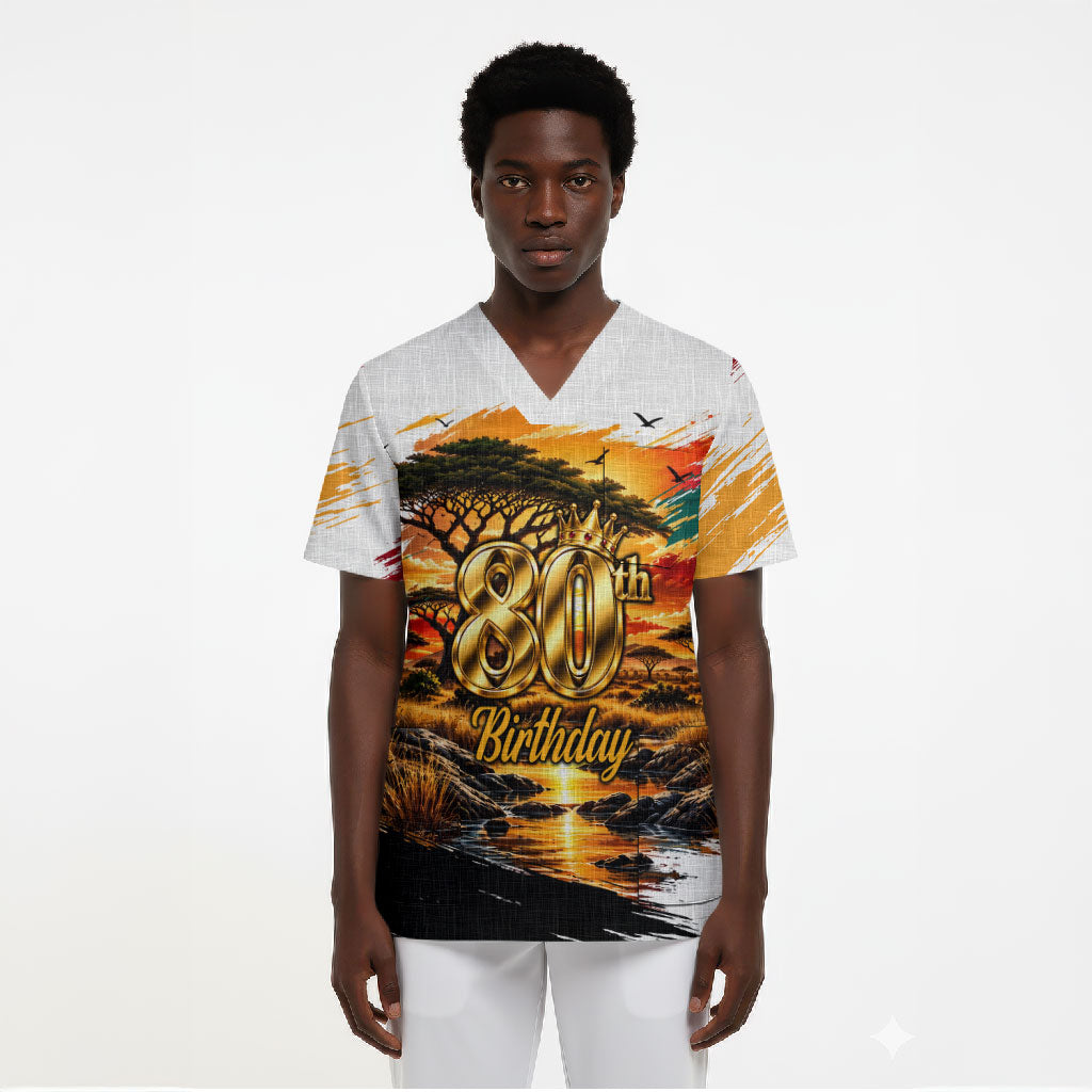 Personalized 80th Birthday African Safari Scrub Top Sunset Savanna Landscape Heritage Wildlife Art