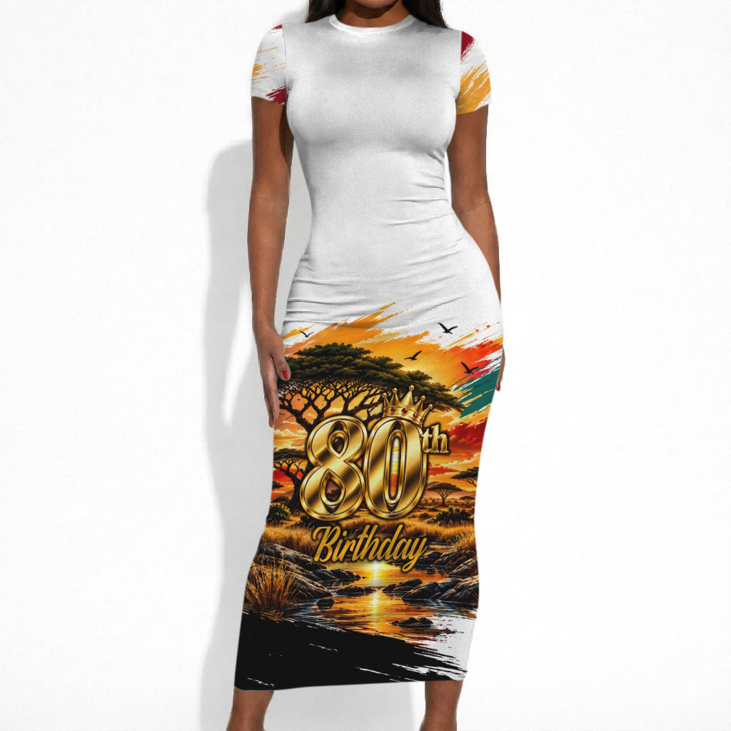 Personalized 80th Birthday African Safari Short Sleeve Bodycon Dress Sunset Savanna Landscape Heritage Wildlife Art
