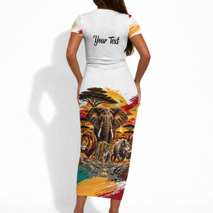 Personalized 80th Birthday African Safari Short Sleeve Bodycon Dress Sunset Savanna Landscape Heritage Wildlife Art