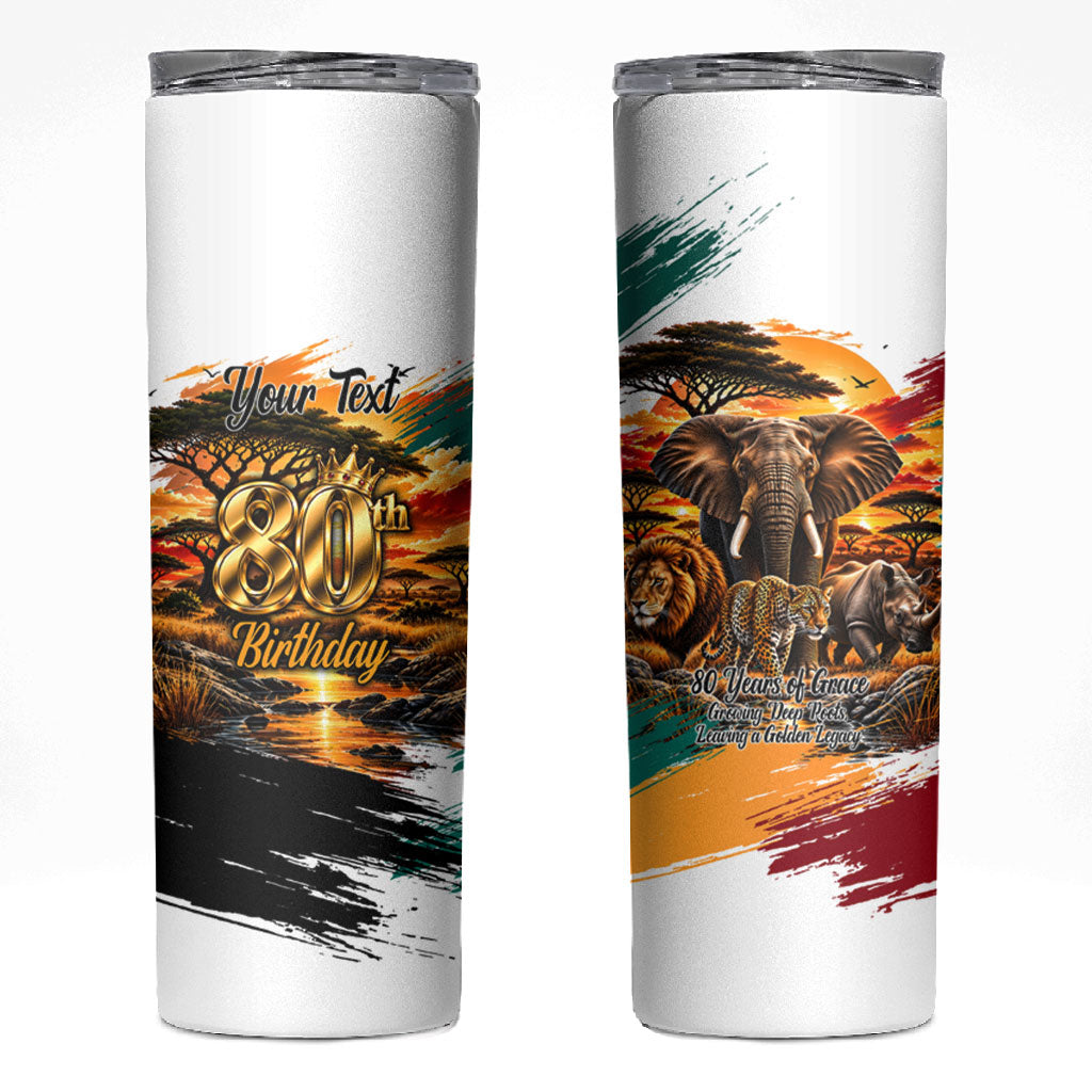 Personalized 80th Birthday African Safari Skinny Tumbler Sunset Savanna Landscape Heritage Wildlife Art