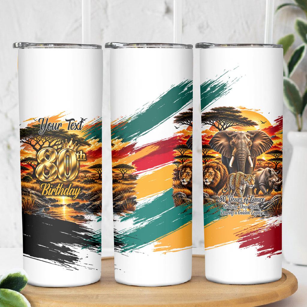 Personalized 80th Birthday African Safari Skinny Tumbler Sunset Savanna Landscape Heritage Wildlife Art
