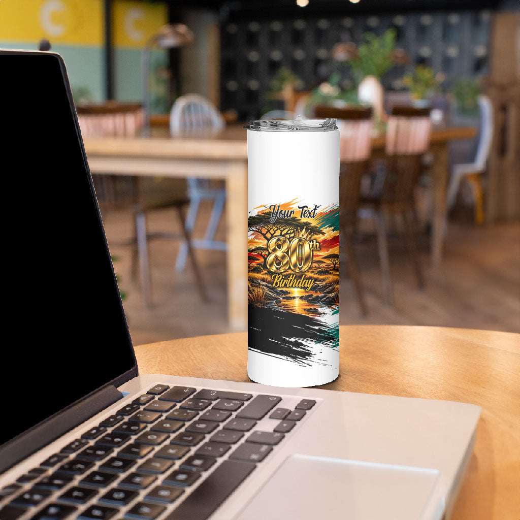 Personalized 80th Birthday African Safari Skinny Tumbler Sunset Savanna Landscape Heritage Wildlife Art