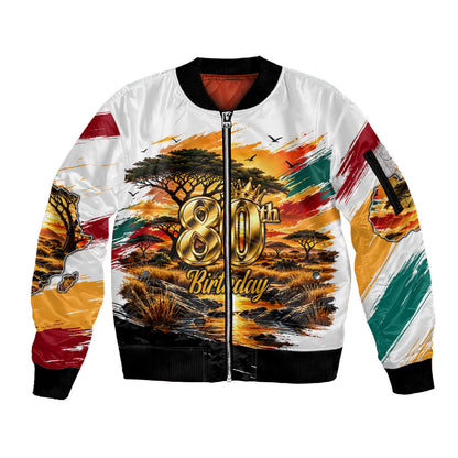 Personalized 80th Birthday African Safari Sleeve Zip Bomber Jacket Sunset Savanna Landscape Heritage Wildlife Art