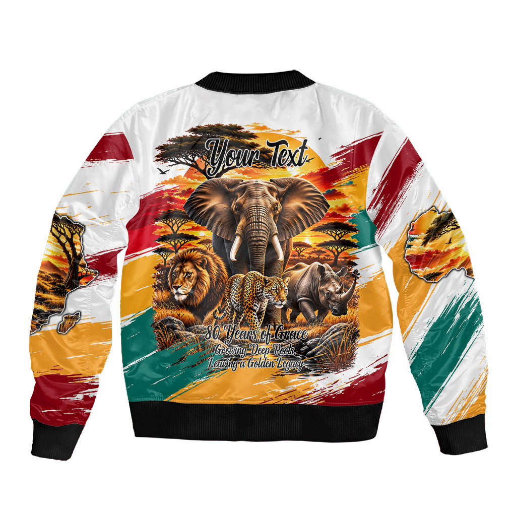 Personalized 80th Birthday African Safari Sleeve Zip Bomber Jacket Sunset Savanna Landscape Heritage Wildlife Art