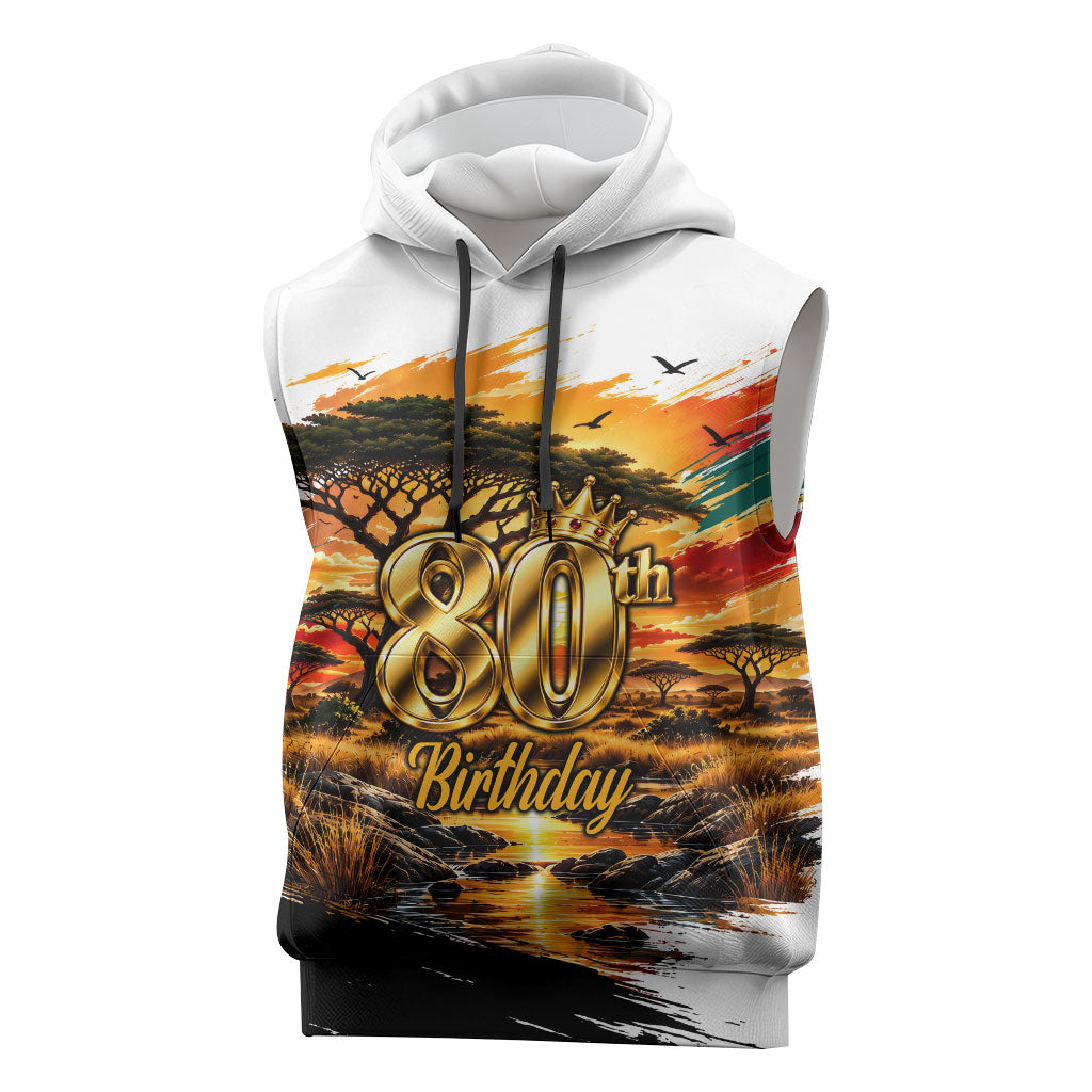 Personalized 80th Birthday African Safari Sleeveless Hoodie Sunset Savanna Landscape Heritage Wildlife Art