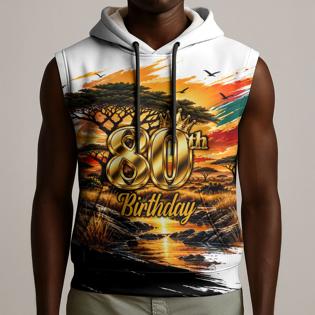Personalized 80th Birthday African Safari Sleeveless Hoodie Sunset Savanna Landscape Heritage Wildlife Art