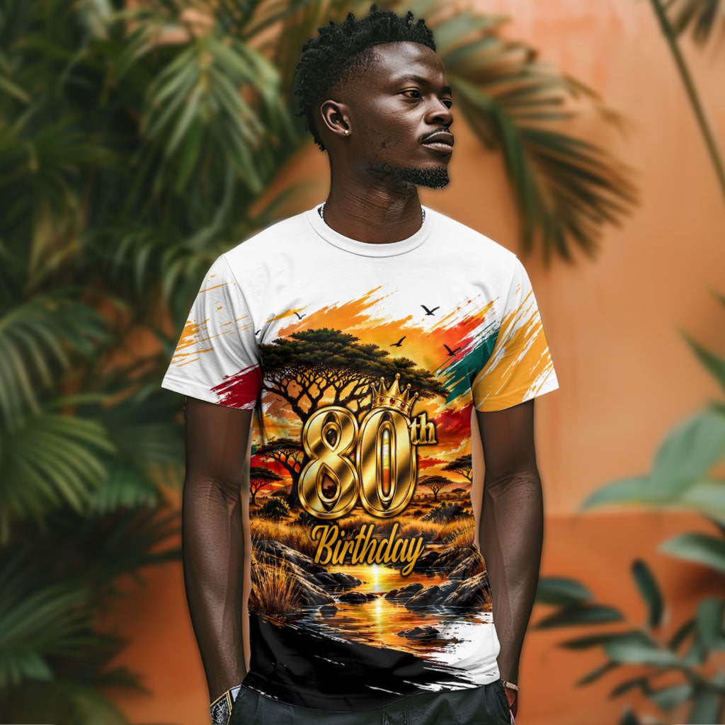Personalized 80th Birthday African Safari T shirt Sunset Savanna Landscape Heritage Wildlife Art
